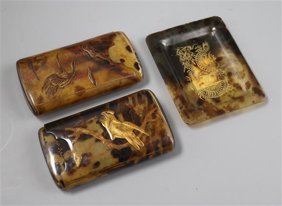 A Chinese tortoiseshell dish and two similar Japanese card cases (3)